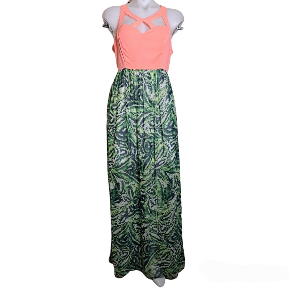 FOREVER 21 Women's Maxi Dress Coral and Tropical Print Size L